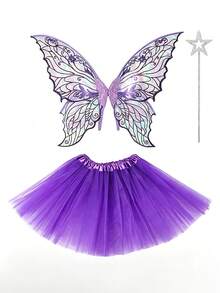 Multi-Color Laser Sequin Butterfly Fairy Wings Set + Fairy Dress + Star Magic Wand Complete Set. Halloween Cosplay / Forest Theme Photography / Birthday Party Props - Multicolor - View 12