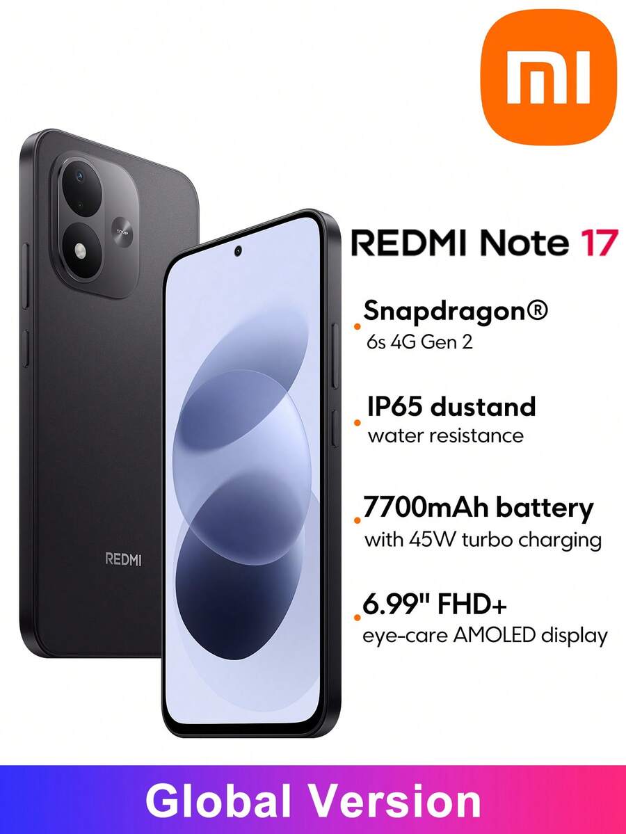 Xiaomi Redmi Note 17 智慧型手機 全球版 7700mAh 電池 45W 快速充電 6.99 吋 FHD+ 護眼 AMOLED 螢幕 Corning®Gorilla® Glass 7i 強大 Snapdragon 6s 4G Gen 2 IP65 防塵防水 - 黑色 - 查看 1