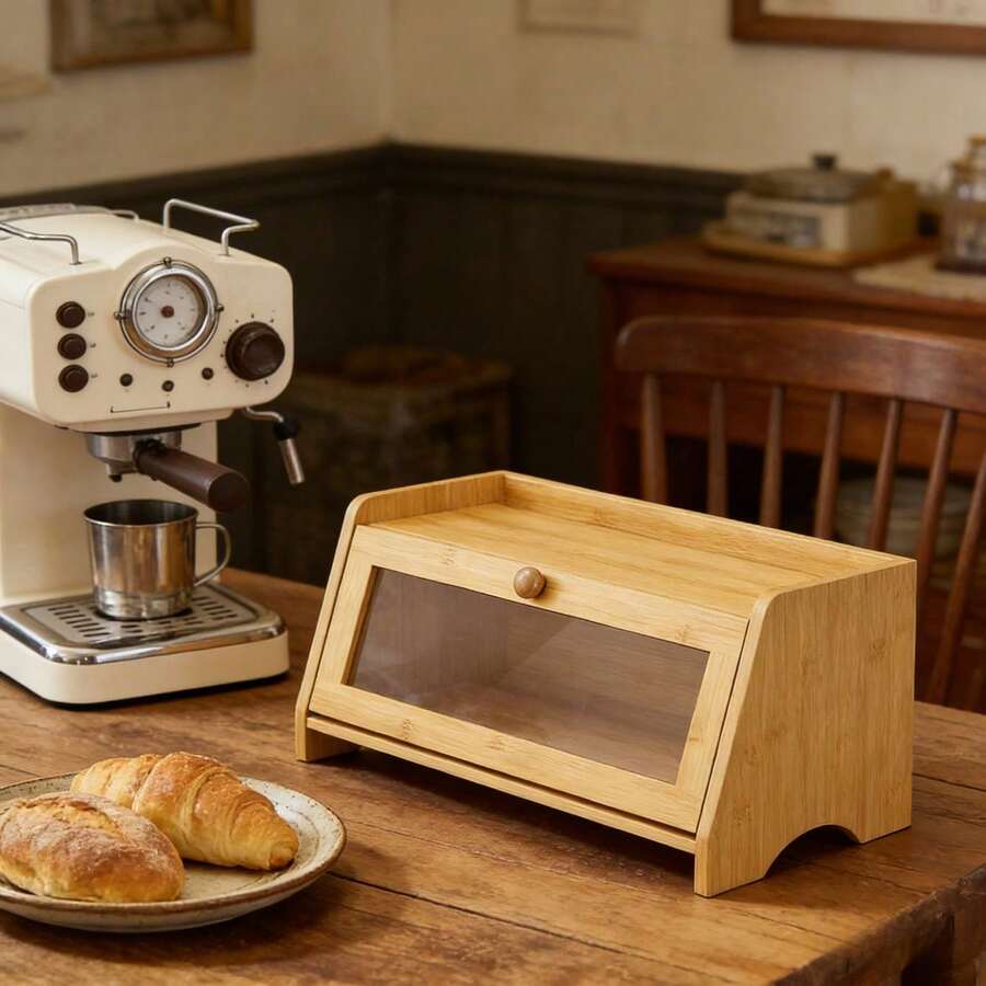 1 Pc Bamboo Flip‑Top Bread Storage Box, For Storing Bread, Baked Pastries And Various Snacks, Suitable For Kitchen Countertops, Bread Storage, Pastry & Snack Organizing And Home Baking Storage - Multiple Specifications - View 1