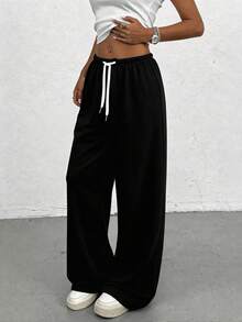 1pc Black Loose Fit Drawstring Design Casual Wide Leg Pants, Suitable For Outdoor Sports, Daily Wear In Summer & Autumn, Great Gift For Girlfriend Back To School Season Spring - Multicolor - View 8