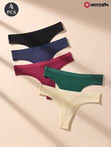 5pcs Solid Color Low Waist Ribbed Cotton Sexy Women's Thong Panties, Elastic Soft Comfortable Ladies Underwear - Multicolor - View 3