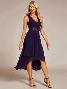 EVERPRETTY Fall Embroidered Appliques Wedding Guest V-Neck Sleeveless Midi High-Low Purple Formal Mother Of The Bride Dress For Wedding Anniversary - Purple - View 8