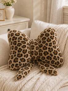1pc Leopard Print Bow-Knot Plush Throw Pillow, Soft Fluffy Stuffed Decorative Cushion, Cheetah Pattern Aesthetic Pillow, Suitable For Sofa Living Room Bedroom, Home Decor Room Arrangement - Leopard Print - View 1