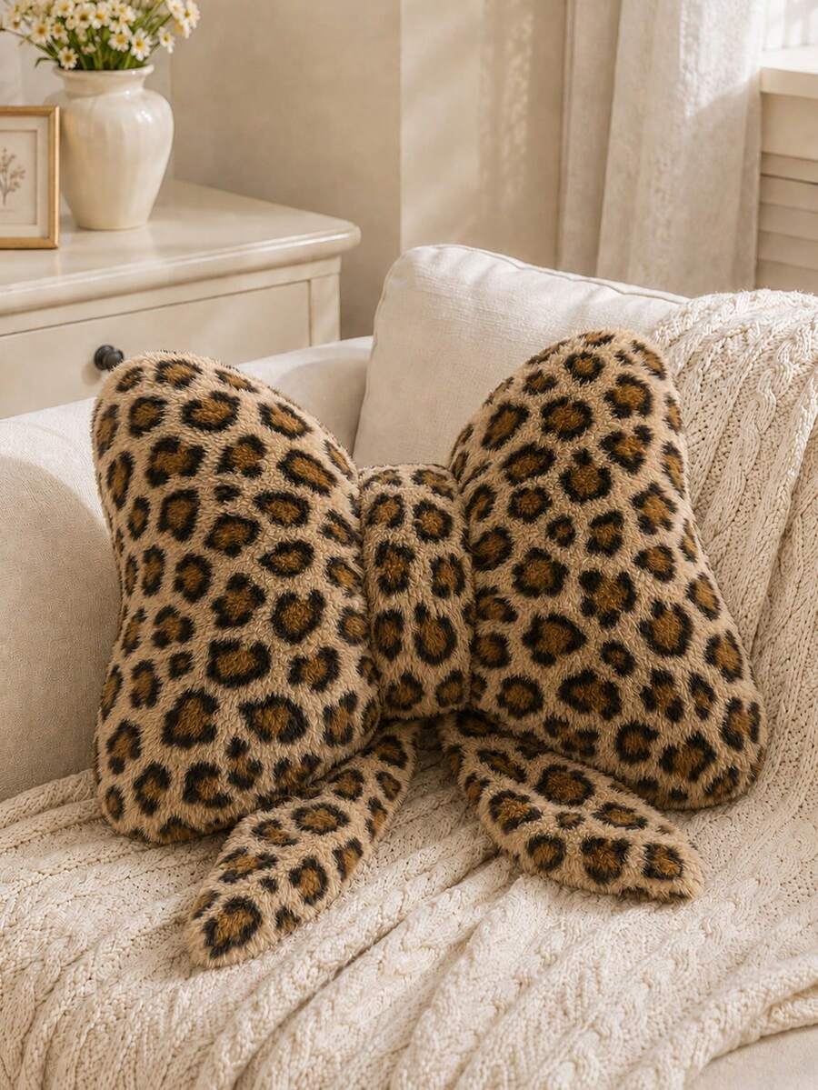 1pc Leopard Print Bow-Knot Plush Throw Pillow, Soft Fluffy Stuffed Decorative Cushion, Cheetah Pattern Aesthetic Pillow, Suitable For Sofa Living Room Bedroom, Home Decor Room Arrangement - Leopard Print - View 1