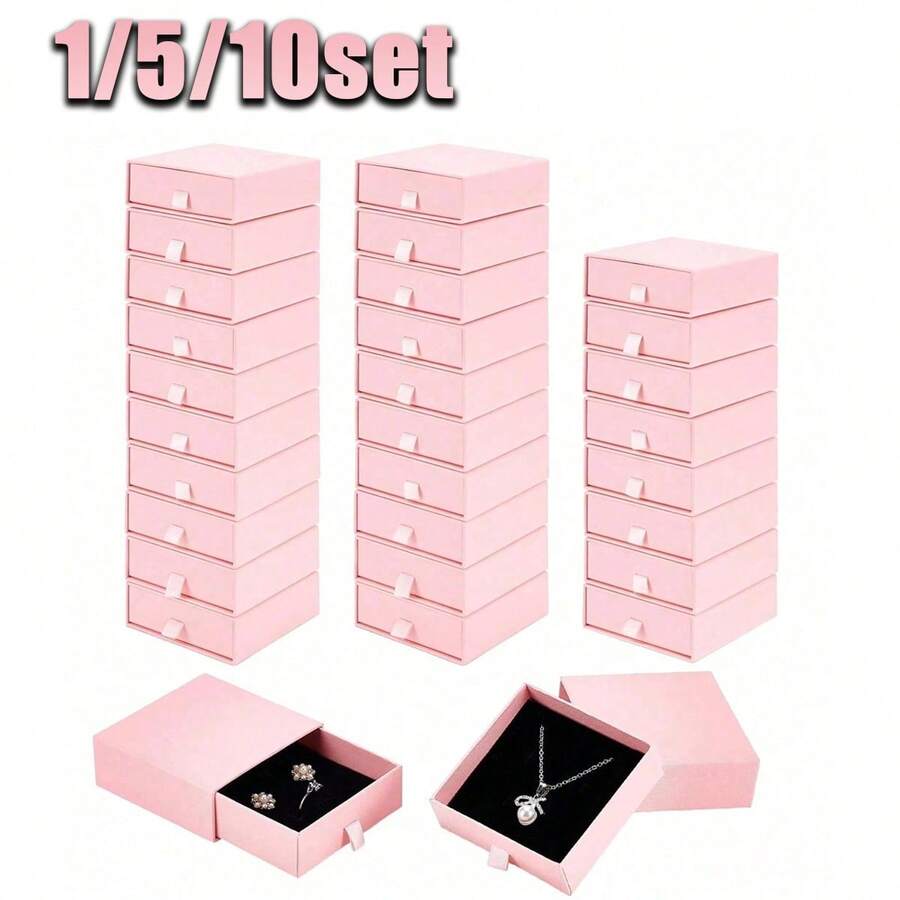 1/5/10 piezas Caja de joyas rosa, caja de almacenamiento con cajón pequeño, soporte portátil para exhibición de pendientes, anillos, collares y pulseras, forro de esponja negra, apilable, almacenamiento de tocador de dormitorio, organizador de joyas de viaje, almacenamiento de cosméticos diarios y accesorios pequeños, caja de embalaje de regalo