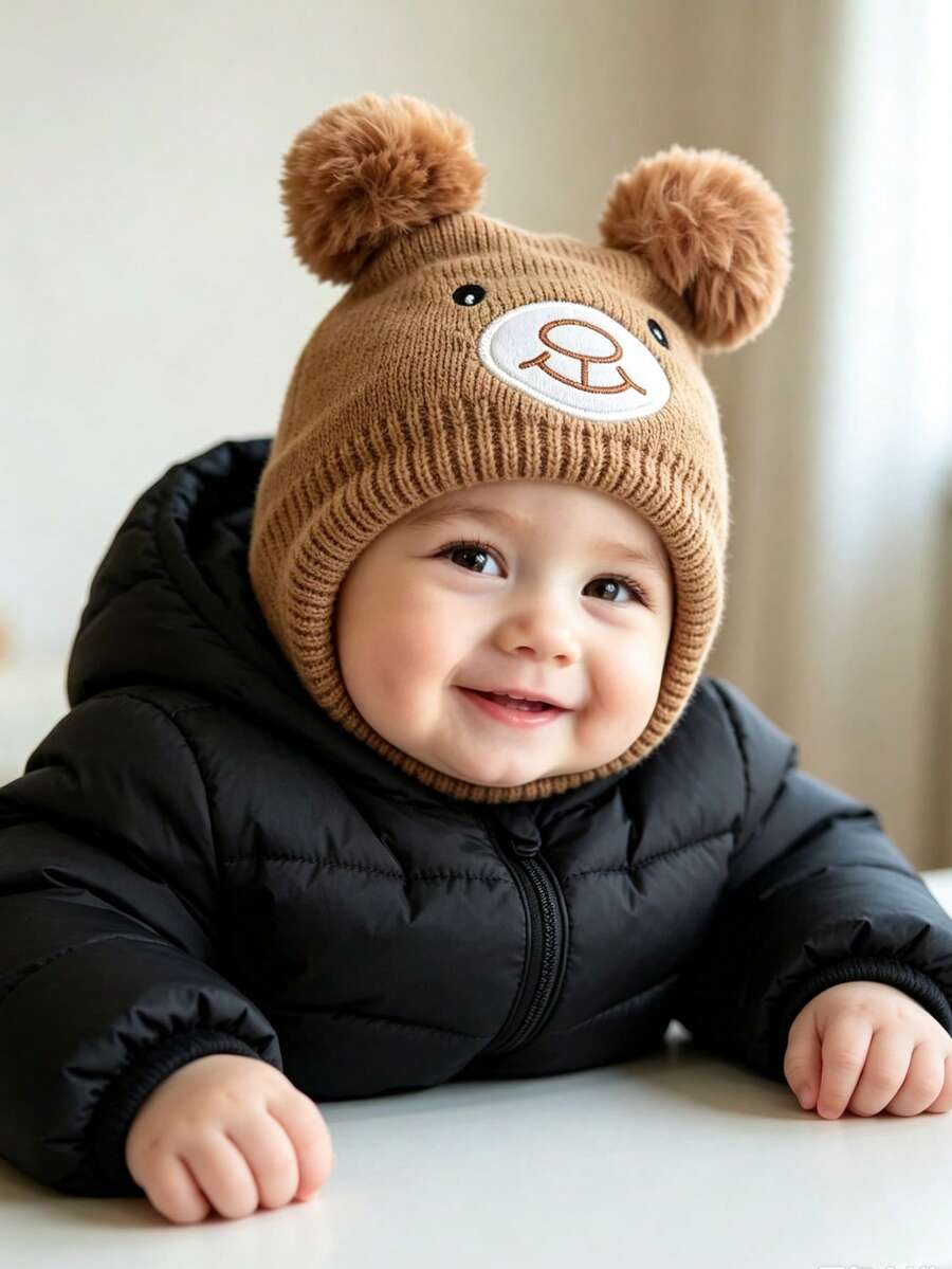 0-3 Years Baby Knitted Beanie, Cute Bear Embroidery Double Pom Pom Ears ...
