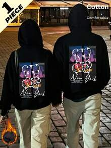 Autumn Winter Unisex Hoodie With Cartoon Bear And New York Print, Loose Fit Long Sleeve Y2K - Black - View 3