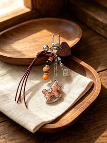 Vintage Wooden Horse Heart Keychain, Handmade Beaded Leather Rope Pendant, Versatile Bag Charm Accessory Small Gift, Suitable For Backpack Charm, Daily Bag Decoration, Holiday Party Gift, Back To School Gift, Women's Keychain, Car Keychain, Keychain Making Materials, Men's Keychain, Backpack Charm Keychain, Keychain, Keychain Pendant, Keychain Coin Purse, Bulk Keychains, Keychain Set, Keychain Accessories - Multicolor - View 8