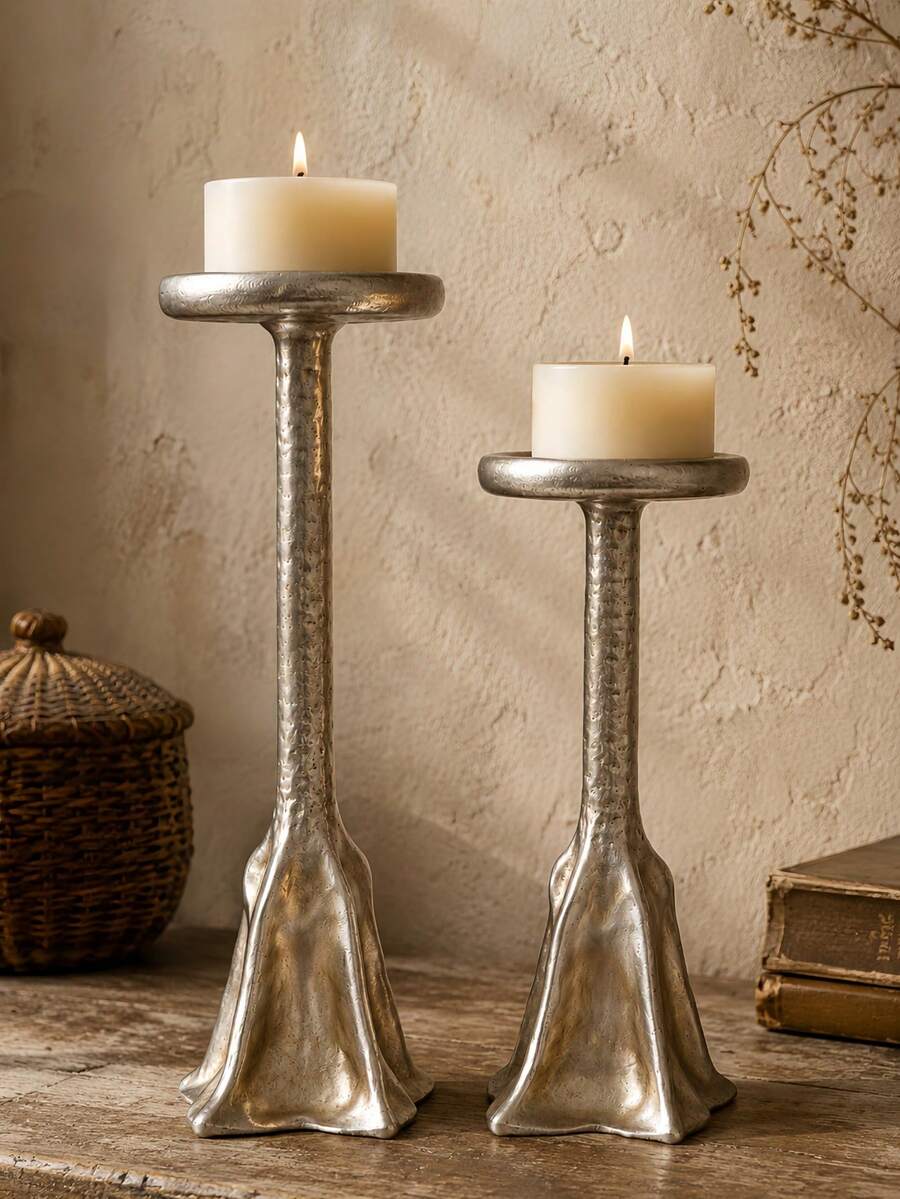 1pc Hammered Texture Pillar Candle Holder, Vintage Distressed Silver Flared Base Tall Candle Stands, Rustic Wabi-Sabi Decorative Candlestick For Dining Table Centerpiece Fireplace Mantel Home Decor - Silver Hill - View 1