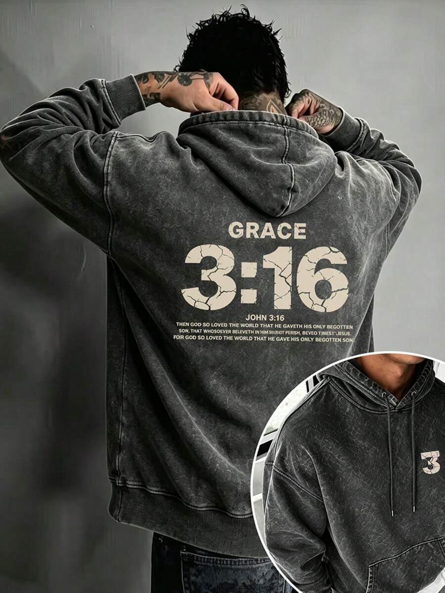 Herrsportig hoodie i mode med sliten tvätt och gotiskt bokstavstryck - Svart - Visa 1