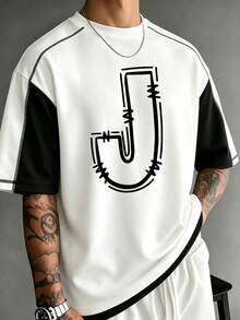 Men's Classic Fashion English Letter Patchwork Raglan Sleeve Loose Short Sleeve T-Shirt, Summer Wardrobe Essential T-Shirt - White - View 4