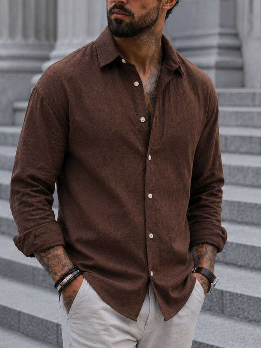 Men's Long Sleeve Button-Down Relaxed Fit Linen-Blend Shirt - Chocolate Brown - View 1