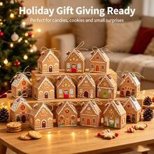 12pcs Christmas Gingerbread House Gift Boxes, 10*9.5*5.5cm, Christmas House Shaped Snack Boxes With Jute Rope And Hanging Decor, Suitable As Christmas Advent Decoration Holiday Candy Gift Boxes - View 1