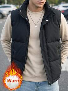 Men's Vest, Warm Fashionable Solid Color Thick Collar Padded Vest, Warm Outerwear - الأسود - مشاهدة 1