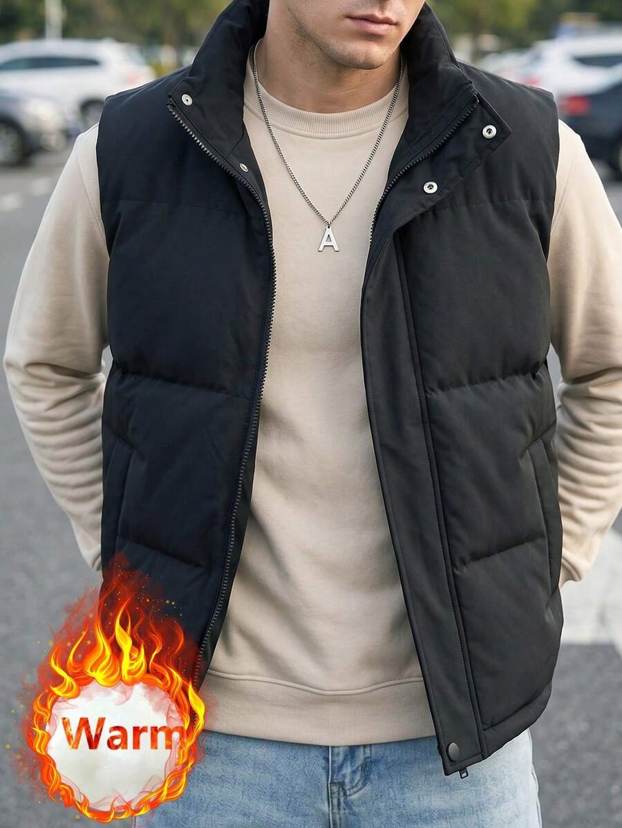Men's Vest, Warm Fashionable Solid Color Thick Collar Padded Vest, Warm Outerwear - الأسود - مشاهدة 1