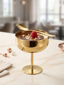 Gold Stainless Steel Dessert Cup With Spoon, Round Base Pudding Tray/Salad Fruit Yogurt Snack Candy Dish, Space-Saving Stackable Convenient Storage, Party/Ramadan/Afternoon Tea Special High-Foot Ice Cream Cup, Yogurt Pudding Bowl, Anti-Drop Premium Tableware Set. - Multicolor - View 9