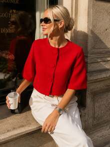 Sweaters For Women Fall Knit Crop Short Sleeve Cardigan Spring Autumn Office Outfits For Women Beige Button Crochet Elegant Tops For Women - Red - View 1