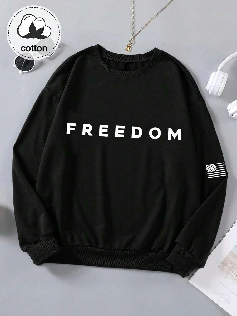 Women's Casual Loose Sweatshirt, Suitable For Daily Commute (American Flag & Letter Print) - Black - View 1
