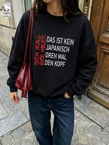 Oversized Women's Sweatshirt For Autumn/Winter, Casual Daily Wear, Long Sleeve Hoodie, Outerwear Top, Y2K, Letter Slogan Graphic, Unisex,Black - Black - View 3