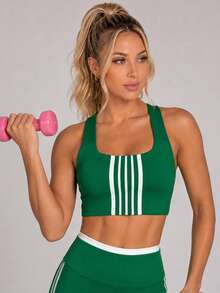 Sodalemon Women's Colorblock Striped Hollow-Out Racerback Sports Bra, Wide Strap Fitness Bra, Suitable For Yoga, Gym And Daily Fitness - Green - View 6