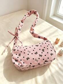 Cute Pink Corduroy One Shoulder Underarm Bag For Girls, Bow & Heart Print Ruched Strap Hobo Bag, Ruched Strap Y2K Style Underarm Bag, Casual Daily Small Bag - Pink - View 7