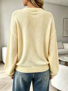 Plus Size Women Solid Color Round Neck Drop Shoulder Knit Sweater Autumn Winter Slouchy Loose Plus Size Long Sleeve Soft Pullover - Yellow - View 7