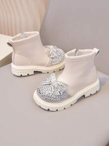 Children's Rhinestone Bow Boots, Baby Girl Side Zipper Soft Sole Autumn/Winter Ankle Boots, Easy To Put On And Take Off - Beige - View 5