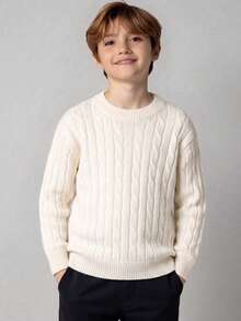 Boys' Beige Cable Knit Sweater, Vintage Round Neck Braided Knit Pullover, Versatile Long Sleeve Top For Autumn/Winter - White - View 1