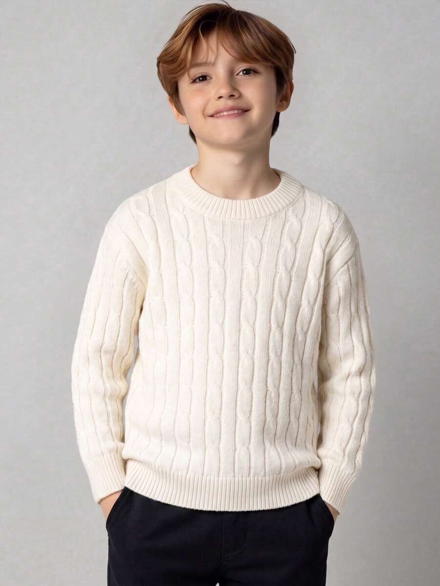 Boys' Beige Cable Knit Sweater, Vintage Round Neck Braided Knit Pullover, Versatile Long Sleeve Top For Autumn/Winter - White - View 1