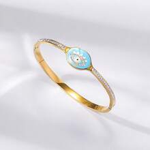 1/3pcs Luxury 18K Gold Plated Stainless Steel Bracelet Set For Women, Light Blue Evil Eye & Geometric Pave Zirconia Open Bangle - Gold - View 4