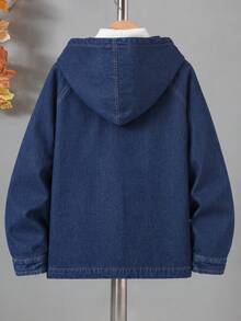 Tween Boy Casual Fashion College Streetwear Open Front Hooded Thermal Lined Patchwork Jacket, Autumn/Winter - Navy Blue - View 2