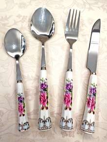 2/4/24pcs Exquisite Hexagonal Floral Ceramic Handle Stainless Steel Tableware Silverware Set, Including Knife, Spoon, Fork, Dessert Spoon, Unique And Elegant Porcelain, Suitable For Restaurants And Daily Family Dining - Multicolor - View 7
