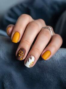 24pcs Full Set Short Square Fake Nails, Autumn/Winter Style Orange Yellow Leaf Pattern Design, Includes 1pc Jelly Glue And 1pc Nail File, Matte Texture Nails Perfect For Autumn/Winter Parties, Dancing And Daily Wear, Removable And Reusable - Multicolor - View 8