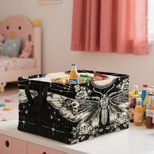 1PC Gothic Moth Skull Moon Floral Print Storage Basket With Handles, Dark Celestial Starry Rose Vintage Pattern Household Organizer Bin, Suitable For Multi‑Purpose Storage Of Clothes Sundries, Home And Room Decor - Black - View 3
