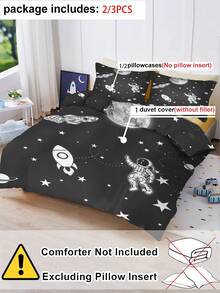 2/3件組兒童太空太空人床上用品套件，黑色星系火箭行星星星被套與枕套（單人/雙人/加大尺寸） - 彩色 - 查看 3