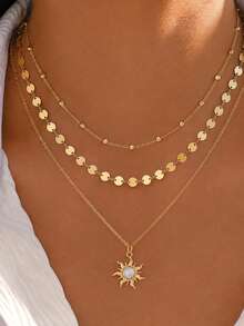 3pcs Exquisite Sun Pendant Necklace Set With Disc And Beaded Chain, Multi-Layer Wearable Women's Daily Fashion Jewelry (Random Beaded Quantity) - Gold - View 1
