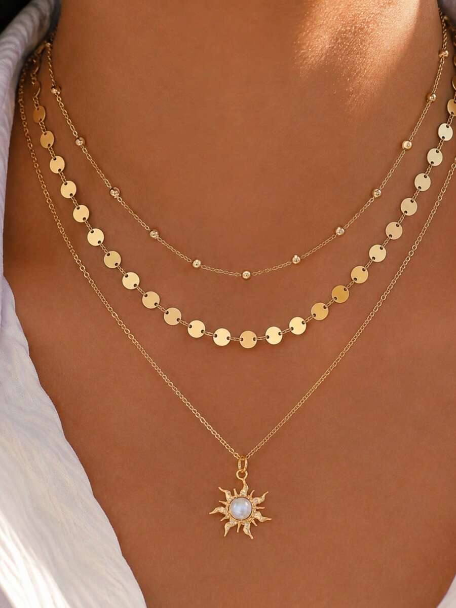 3pcs Exquisite Sun Pendant Necklace Set With Disc And Beaded Chain, Multi-Layer Wearable Women's Daily Fashion Jewelry (Random Beaded Quantity) - Gold - View 1
