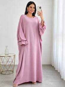 1 buah Gaun Muslim Lengan Manset Motif Bunga Warna Polos, Cocok untuk Pakaian Sehari-hari Wanita, Jalan-jalan, Sholat, Sepanjang Musim - MultiWarna - View 3