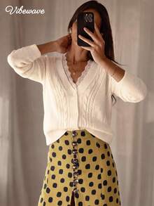 VIBEWAVE Cream Cable Knit Short Cardigan, V-Neck Single-Breasted Drop Shoulder Loose Sweater, Vintage Sweet Style - Beige - View 4