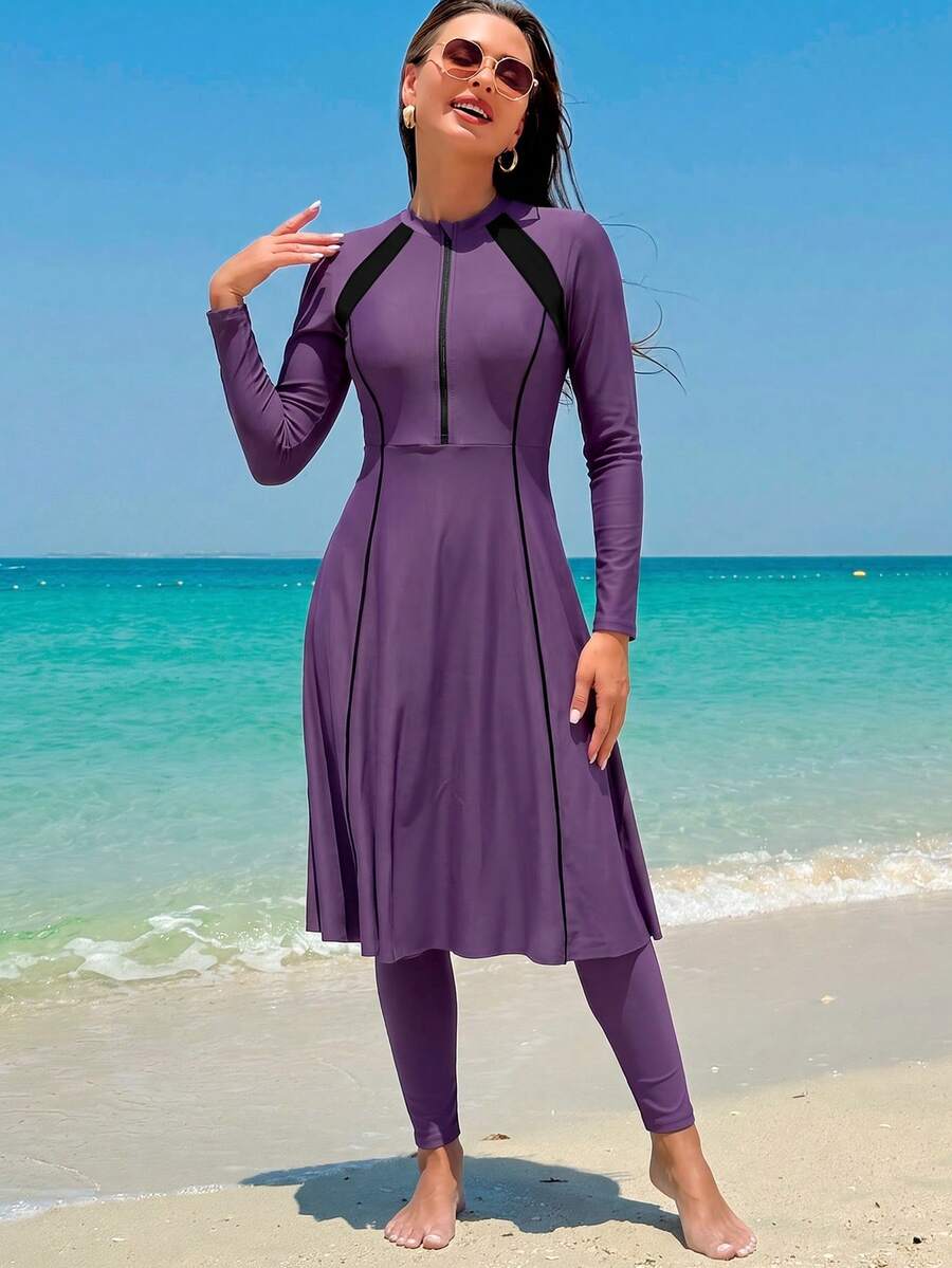 WaveBikini Burkini 女款保守式泳衣套裝,UPF 防曬,拉鍊長袖拼色中長泳裙,適合海灘與浮潛 - 彩色 - 查看 1