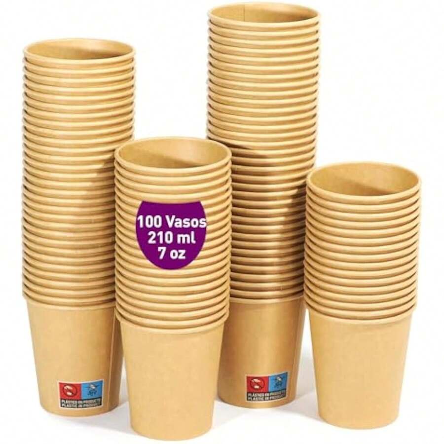 100 Vasos Desechables de Cartón Kraft 210 ml / 7 oz. Resistentes, A Prueba de Fugas. Ideal para Café, Té y Bebidas Refrescantes. - 100 unidad(paquete de 1) - Ver 1