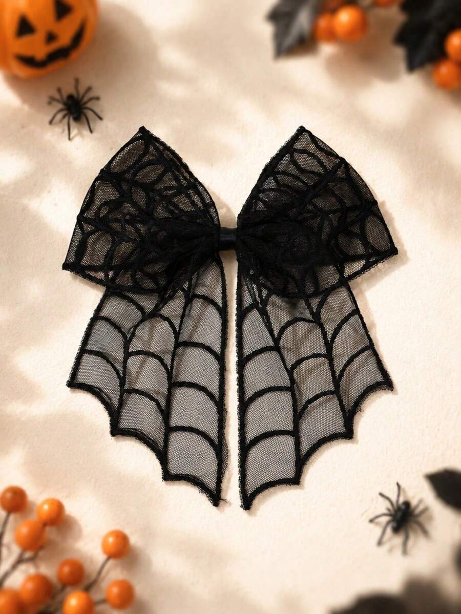 1/2pcs Women's Dark Halloween Style Black Bat Spider Web Lace Bow Ponytail Hair Clip, Christmas Gift - Multicolor - View 1