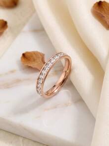 1pc Stainless Steel 18K Gold Plated Luxury Single Row Full Circle Rhinestone Ring, Exquisite Sparkling Texture, Suitable For Dress, Shirt, Commute Outfit, Simple Versatile Hand Accessory - Single Row Full Circle Rhinestone Ring - View 16