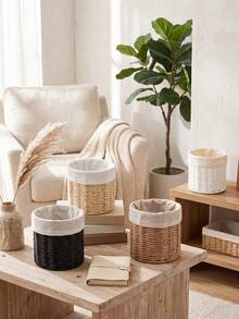 1pc Handwoven Paper Rope Storage Basket With Fabric Liner, Cylindrical Desktop Organizer Bin, Boho Farmhouse Home Decor For Vanity Makeup Brushes, Stationery, Kitchen Countertop, Bedroom Shelf Sundries Organizer - Multicolor - View 7