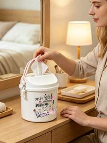 Portable Printed Makeup Storage Bucket With Lid, Large Capacity Cross‑Body Cosmetic Organizer, Dust‑Proof For Lipstick Brushes Eyeshadow Palette, Desktop Bathroom Dorm Vanity Storage For Girls Makeup Lovers, Back‑To‑School Gift - Multicolor - View 4