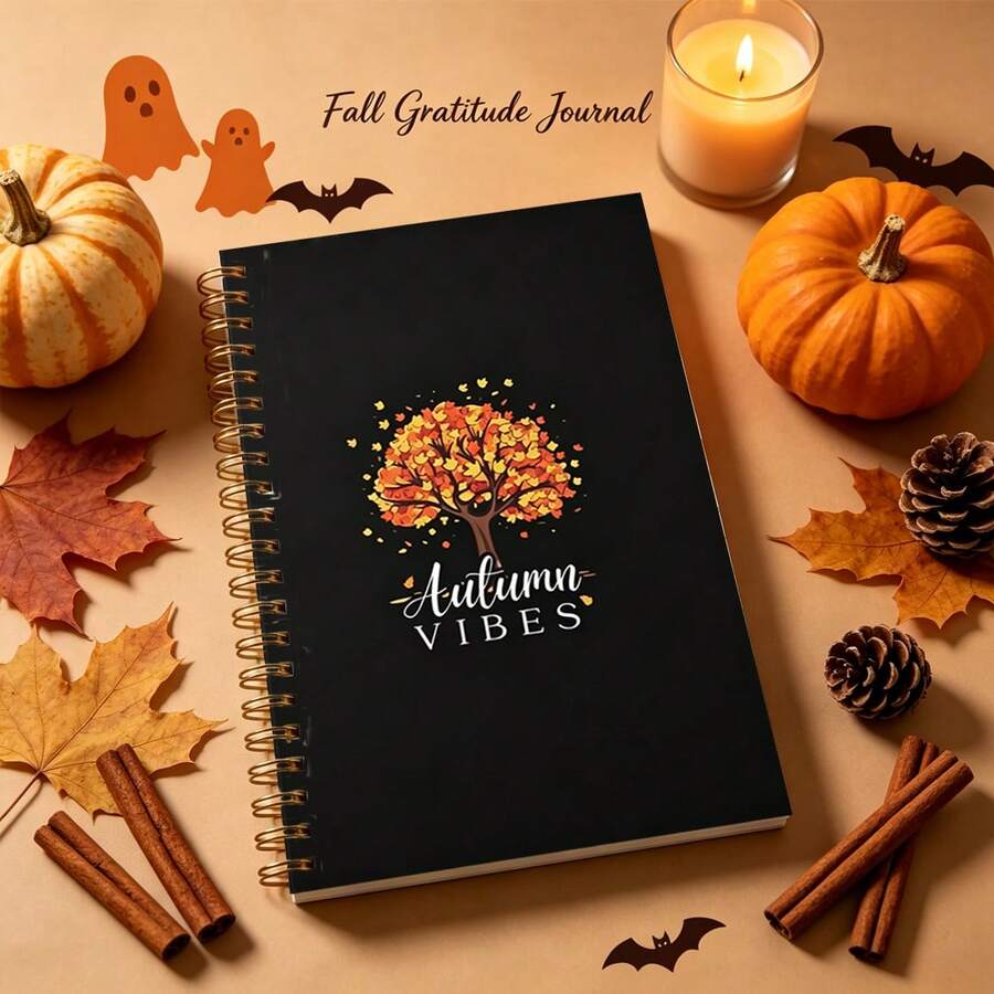 DANPERJI 1pc A5 Autumn Vibes Fall Tree Spiral Notebook, Black Cover Graphic Print Lined Journal Notepad, Thanksgiving Seasonal Stationery - Autumn Vibes - View 1
