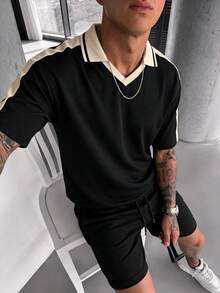 Men's Casual Fashion Loose Fit 2 Pieces Set, Short Sleeve Polo Collar Top And Drawstring Shorts, Vacation Leisure Style, Versatile Minimalist Unique Design - Black - View 8