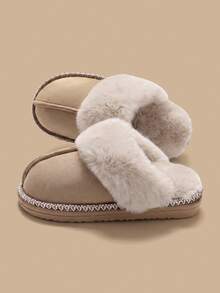 Women's Faux Suede Patchwork Slippers, Thick Sole Fur Lined Warm Closed Toe Slippers For Autumn/Winter - Camel - View 3