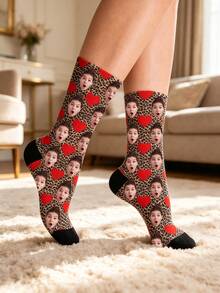 Custom Face Crew Socks, Personalized Photo Socks With Heart & Leopard Print, Novelty Customized Gift Socks For Holiday Birthday Party - Multicolor - View 3
