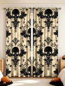 2PCS Halloween Curtains, Retro Distressed Beige Background Black Skull Ornate Print, Halloween Gothic Style Decorative Window Drapes For Home Decoration - Multicolor - View 6